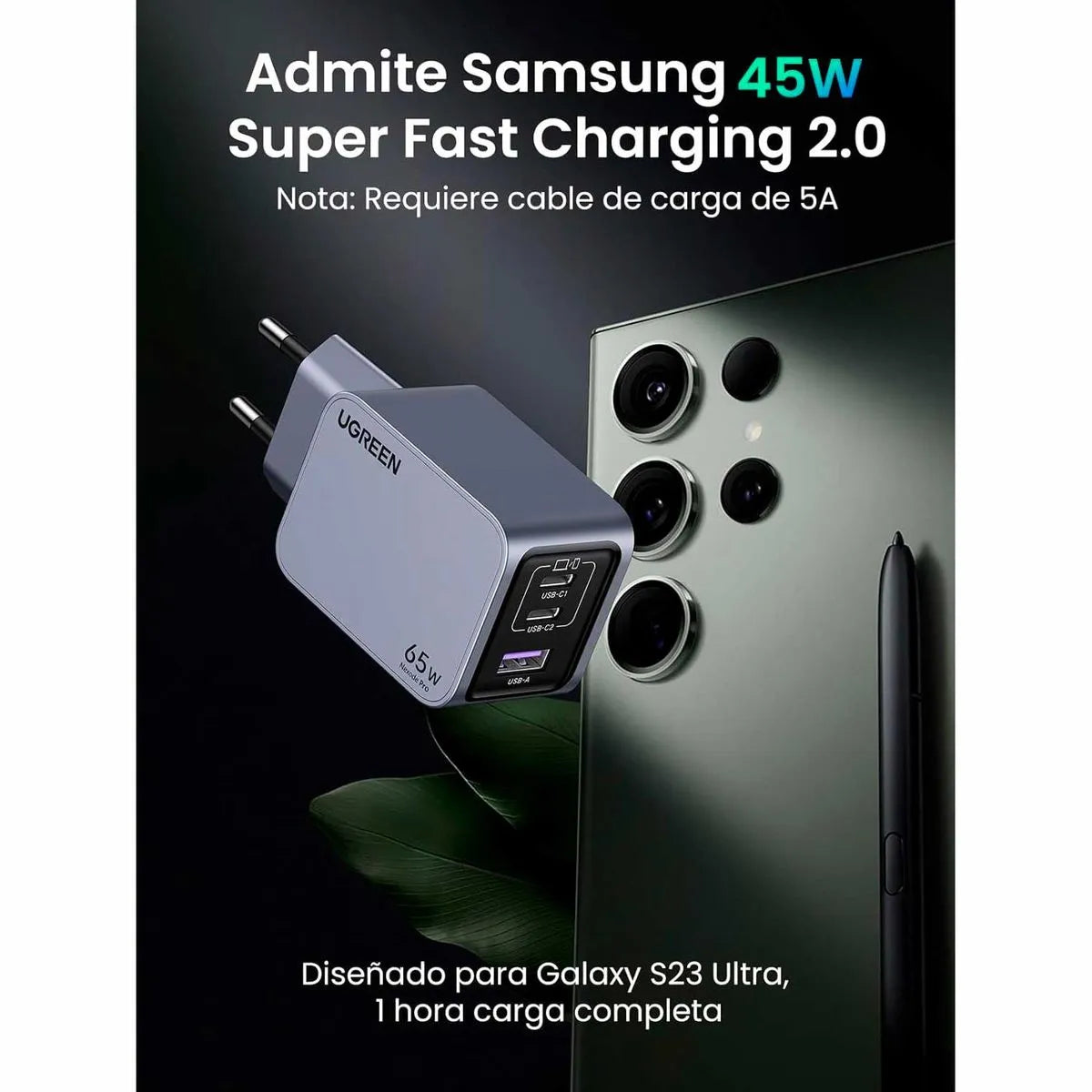 Cargador GaN 65W doble puerto